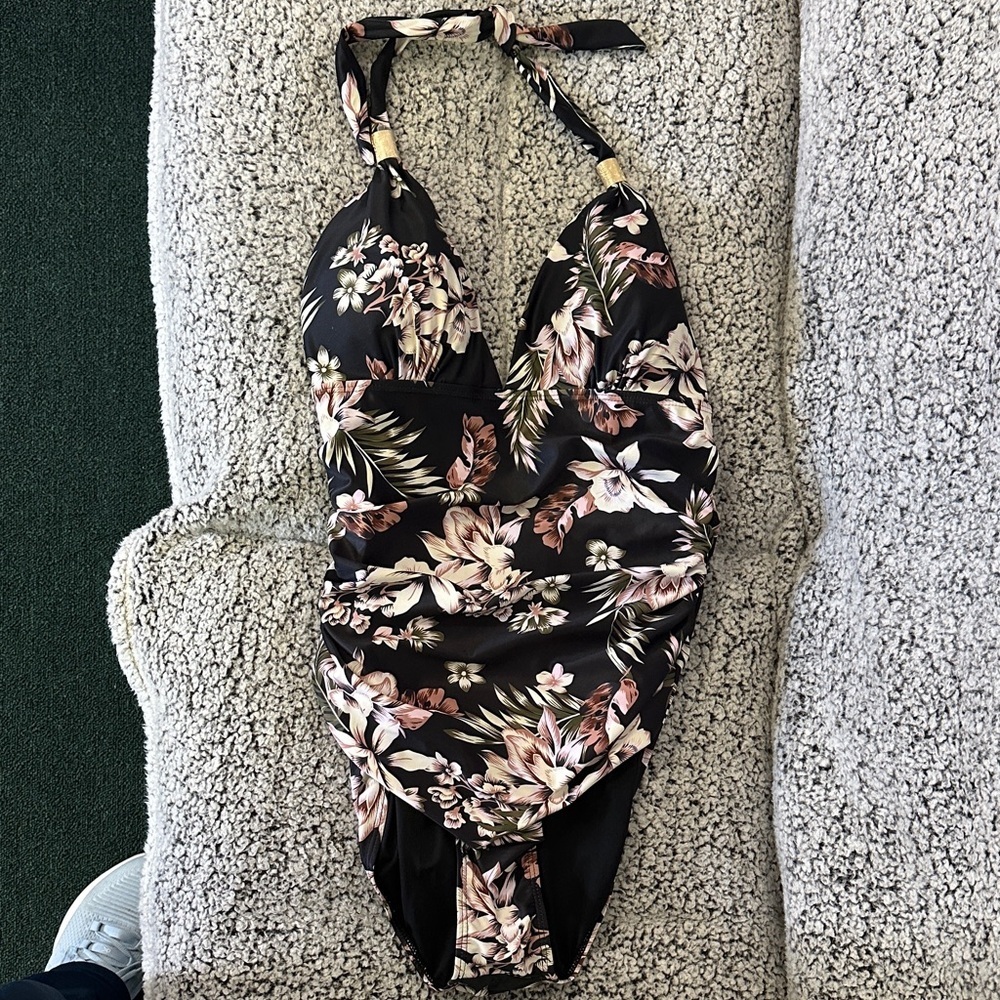 Floral Halter One-Piece Swimsuit - Black with Pink & Cream Blooms size XL